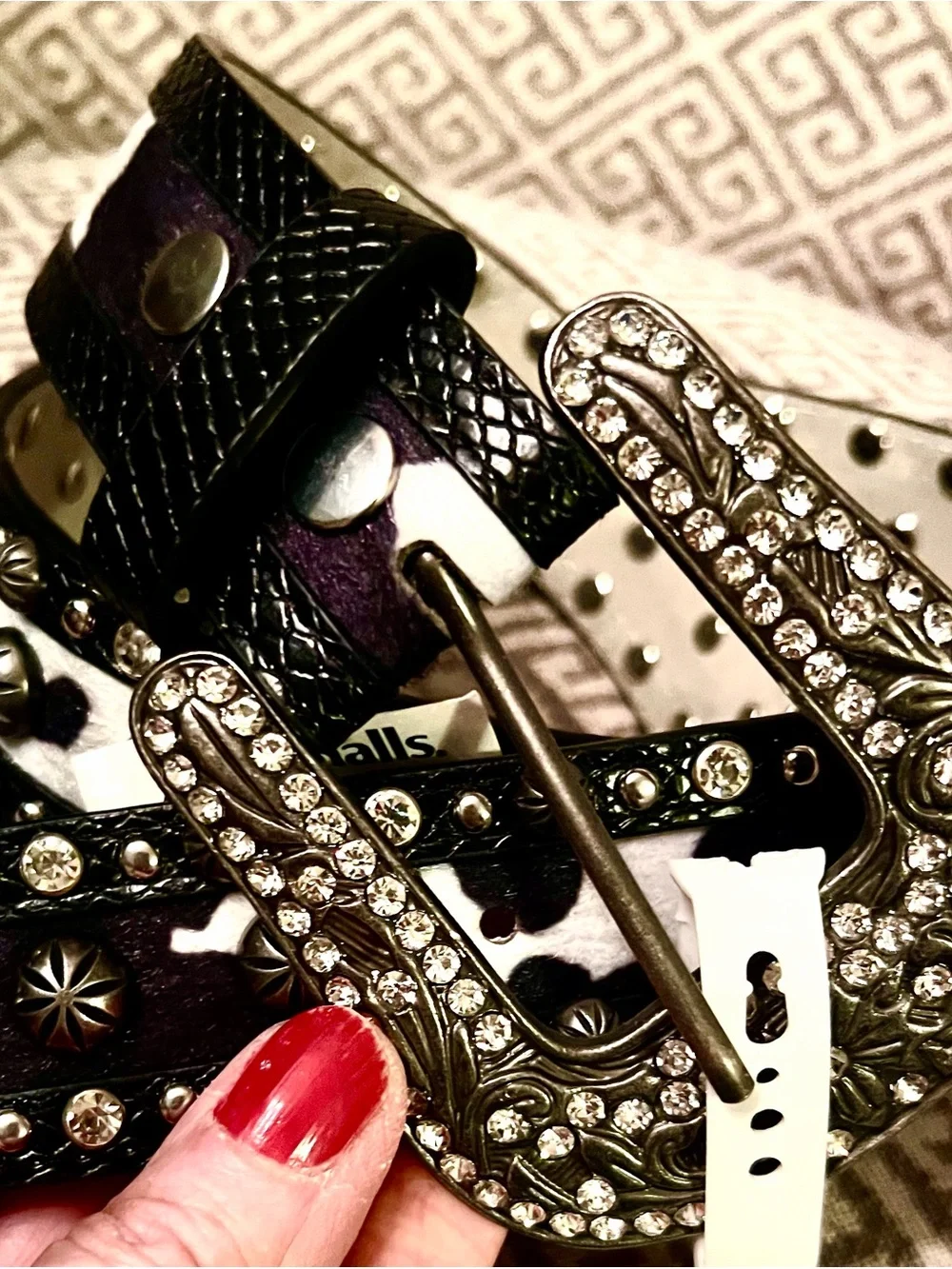 NEW Haute Hippie Black and White Studded Leather Belt with Crystal Buckle.